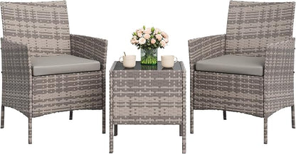 GAOMON 3-Piece Patio Furniture Set, Modern PE Rattan Conversation Set with 2 Chairs & Tempered Glass Coffee Table, All-Weather Outdoor Seating for Garden, Porch, Balcony, Poolside, Grey/Light Grey