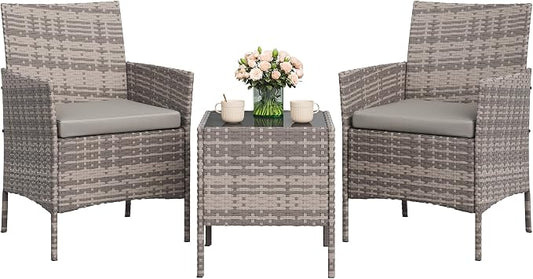 GAOMON 3-Piece Patio Furniture Set, Modern PE Rattan Conversation Set with 2 Chairs & Tempered Glass Coffee Table, All-Weather Outdoor Seating for Garden, Porch, Balcony, Poolside, Grey/Light Grey