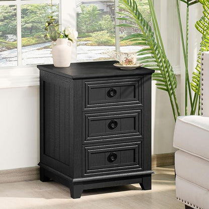 Joaxswe Farmhouse Night Stand Set of 2, 18" End Table with 3 Drawer Metal Handle, Dresser for Bedroom, Sofa Bed Side Table Chest of Drawers,Wood Nightstand Cabinet for Organizer, Living Room-Black