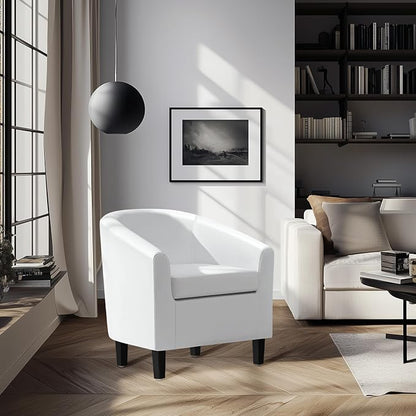 Topeakmart Faux Leather Club Chair, Modern Accent Chair and Cozy Barrel Chair with Sturdy Wood Legs for Living Room Bedroom Reception Room, White