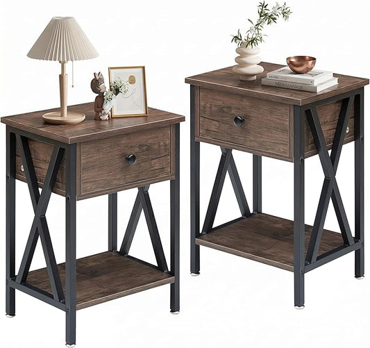 VECELO Nightstands Set of 2, Modern Bedside End Tables, Night Stands with Drawer and Storage Shelf for Living Room Bedroom, Industrial Metal Frame