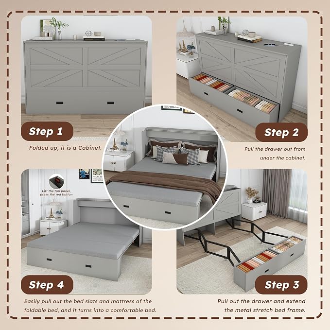 Bellemave Full Murphy Bed with Mattresses and Charging Stations and Storage Drawer, Farmhouse Murphy Cabinet Bed with Foldable Panel, Noisy Free, for Guest Bedroom, Living Room, Gray