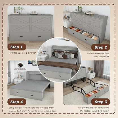 Bellemave Full Murphy Bed with Mattresses and Charging Stations and Storage Drawer, Farmhouse Murphy Cabinet Bed with Foldable Panel, Noisy Free, for Guest Bedroom, Living Room, Gray