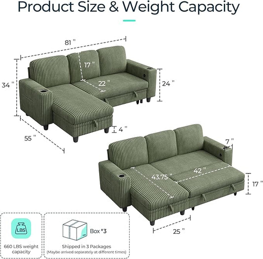 LINSY HOME Sectional Sleeper Sofa Pull Out Couches for Living Room (Green, Sleeper Sofa 1) | Pull Out Sofa Bed, Storage, USB Charging, Cup Holders, Plush Corduroy