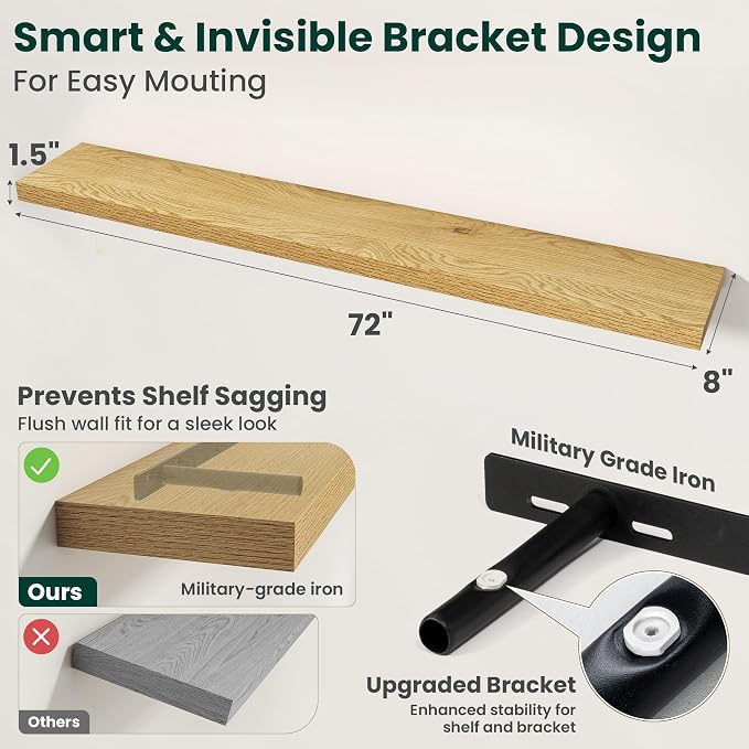 Floating Shelves for Wall, 72 Inch x 8 Inch Deep Wall Mounted Wood Shelf with Invisible Brackets for Storage & Display, Living Room Bedroom Kitchen, Oak, Set of 2