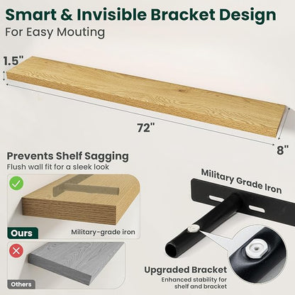 Floating Shelves for Wall, 72 Inch x 8 Inch Deep Wall Mounted Wood Shelf with Invisible Brackets for Storage & Display, Living Room Bedroom Kitchen, Oak, Set of 2