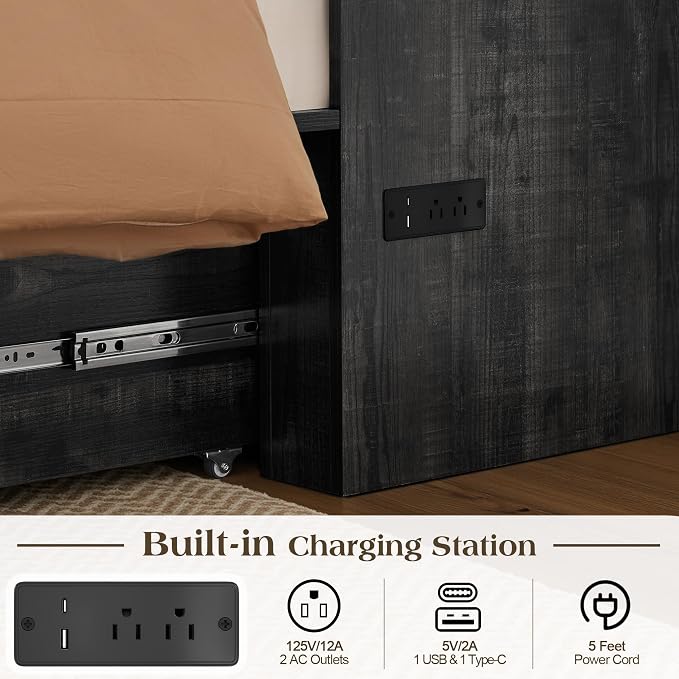 LUXOAK Twin Murphy Bed with 6" White Tri-Fold Memory Foam Mattress, Storage Drawer & Charging Station, Space-Saving Design for Home Office or Guest Room, Black Oak