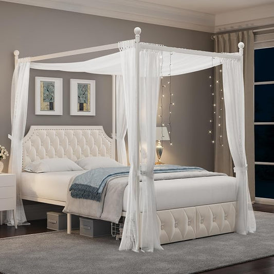 Keyluv Queen Upholstered Canopy Bed Frame with 2 Storage Drawers & Button Tufted Headboard, Metal Platform Bed with 4 Removable Posts, Two-Purpose Velvet Bed, Beige/Curtain Not Included