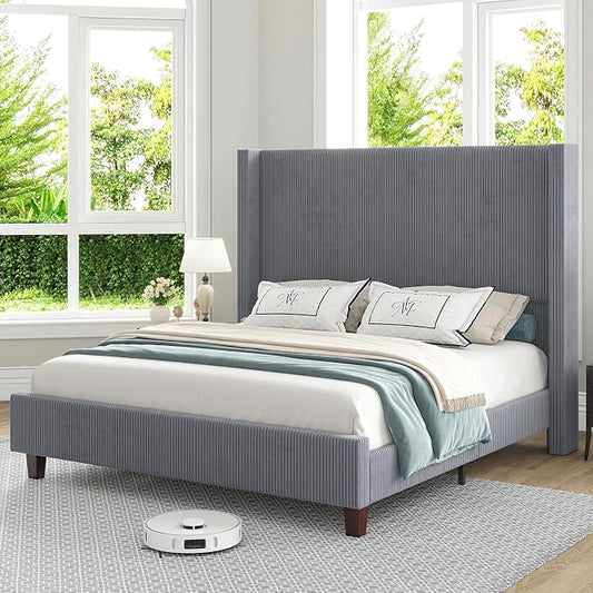 HOWE Queen Bed Frame with 61.4" Extra Tall Headboard, Corduroy Upholstered Bed with Vertical Wingback Headboard, No Box Spring Needed/Noise Free/Solid Wood Slats & Legs/Grey