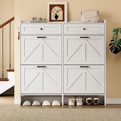BORNOON Shoe Storage Cabinet for Entryway, Farmhouse Wide Shoe Cabinet with 4 Flip Drawers and 2 Top Drawers, Freestanding Organizer with Adjustable Shelves, Hooks, and Anti-Tip Kit for Hallway