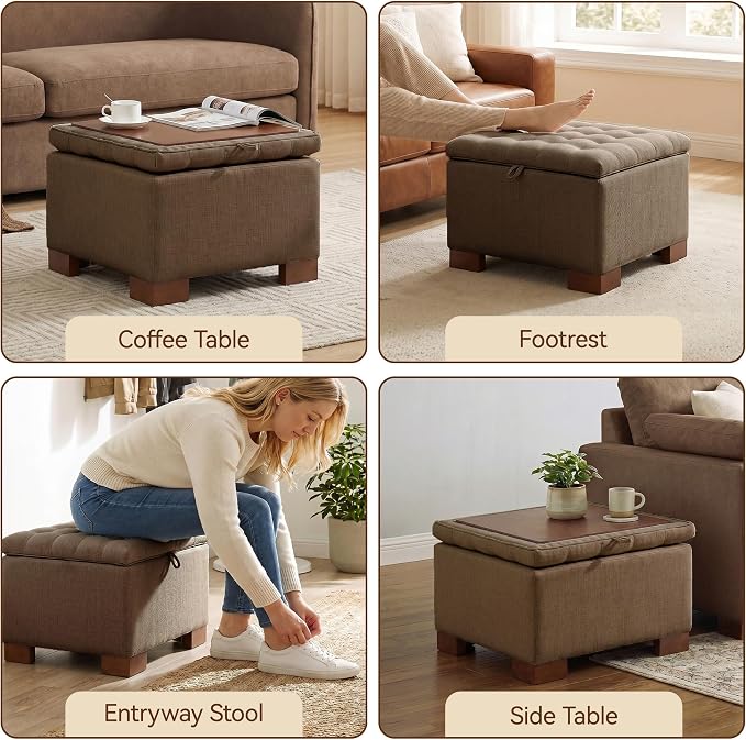 24 Inch Square Storage Ottoman Coffee Table, Modern Tufted Upholstered Ottoman with Flip Tray and Solid Wood Legs, Suitable for Living Rooms, Linen Brown