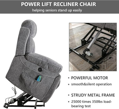 CANMOV Large Power Lift Recliner Chairs with Massage and Heat for Elderly Big People, Heavy Duty Motion Reclining Mechanism-Anti Skid Fabric Recliner Chair with 2 Concealed Cup Holders,Dark Gray