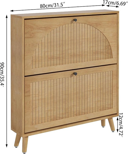 Fsbecl Shoe Storage Cabinet for Entryway with 2 Flip Drawers, Narrow Wood Shoe Cabinet with Fluted Panel, Freestanding Hidden Shoe Organizer for Foyer, Hallway (Wood Color - No Shelf)