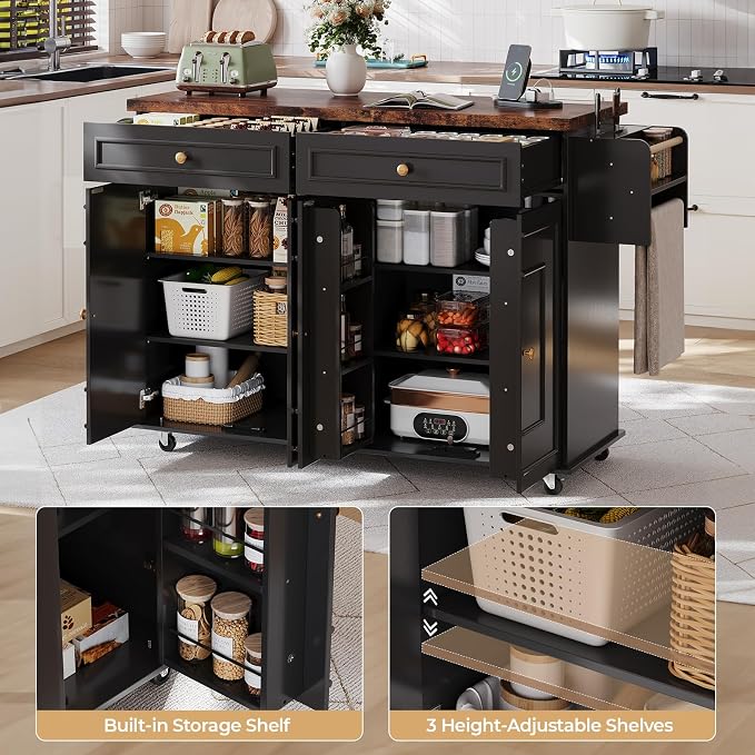 58 Inch Kitchen Island with Storage Cabinet, Island Table for Kitchen, Rolling Islands Cart with Power Outlet, Adjustable Shelves, Drawers, Spice and Towel & Knife Racks, Black