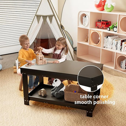2 in 1 Kids Activity Train Table with Board and Storage, Wooden Play Table for Arts Draw, Building Blocks, Reading