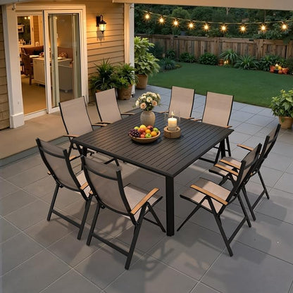 Pellebant 9 Pieces Aluminum Patio Table and Chairs Set - 57" Square Table and Foldable Chair Outdoor Dining Set with Umbrella Hole, Weather Resistant Sturdy Frame for Deck, Porch & Backyard