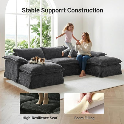 Claiks 123" Modular Boneless Couch, L Shaped Couch for Living Room, Modern Deep Seat Sofa 3 Seater Chenille Fabric Comfy Cloud Couches with Movable Ottoman, Dark Grey