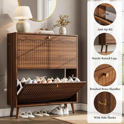 Nicetree Slim Shoe Cabinet for Entryway, 9.5" Narrow Shoe Storage Cabinet with Architectural Arched Fluted Front, Entryway Shoe Storage with Adjustable Shelves, Mid-Century Walnut