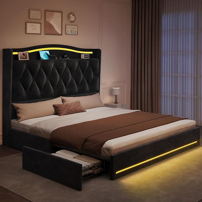 YITAHOME Queen Size Bed Frame with 4 Storage Drawers and RGB LED Lights, 57'' Tall Headboard Velvet Upholstered Bed with Charging Station, No Box Spring Needed, Easy Assembly, Noise-Free, Black