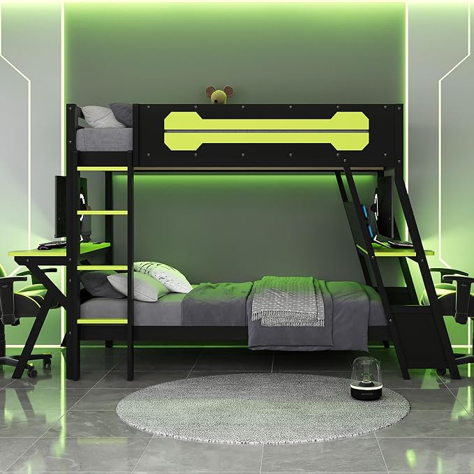 Merax Wooden Twin Over Twin Bunk Bed with 2 Side Desks, USB Desktop Ports and Pegboard Organizer, Gaming Bunk Bed for Gamer, Kids or Teens, No Box Spring Needed, Green