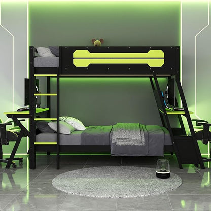 Merax Wooden Twin Over Twin Bunk Bed with 2 Side Desks, USB Desktop Ports and Pegboard Organizer, Gaming Bunk Bed for Gamer, Kids or Teens, No Box Spring Needed, Green