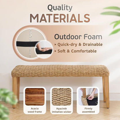 Outdoor Backless Bench, All-Weather Wicker & Solid Acacia Wood, Premium Garden Bench with Woven Rattan Seat and Thick Outdoor Cushion for Patio, Porch, Living Room or Entryway (Natural, PE Wicker)