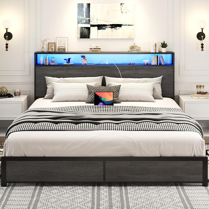 Lifezone King Bed Frame with 2-Tier Storage Headboard, Metal Platform Bed Frame with 4 Storage Drawers, Built in Charging Station & LED, Noise-Free/Metal Support/No Box Spring Needed, Rustic Grey