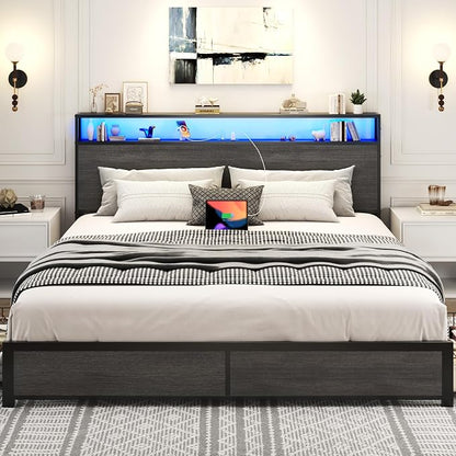 Lifezone King Bed Frame with 2-Tier Storage Headboard, Metal Platform Bed Frame with 4 Storage Drawers, Built in Charging Station & LED, Noise-Free/Metal Support/No Box Spring Needed, Rustic Grey