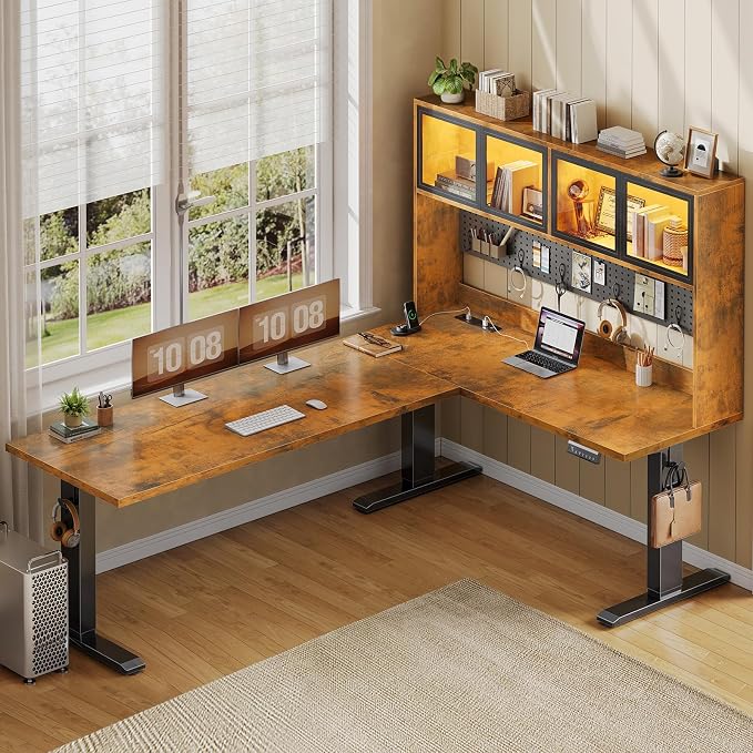 SEDETA 67" Standing L Shaped Gaming Desk, Office Computer Desk with Storage Hutch, Stand Up Corner Desk with Pegboard & Led Lights for Home Office, Rustic Brown