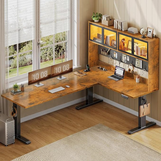 SEDETA 67" Standing L Shaped Gaming Desk, Office Computer Desk with Storage Hutch, Stand Up Corner Desk with Pegboard & Led Lights for Home Office, Rustic Brown