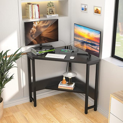 Armocity Corner Desk Small Desk with Outlets Corner Table for Small Space, Computer Desk with USB Ports Triangle Desk with Storage for Home Office, Workstation, Living Room, Bedroom, Black