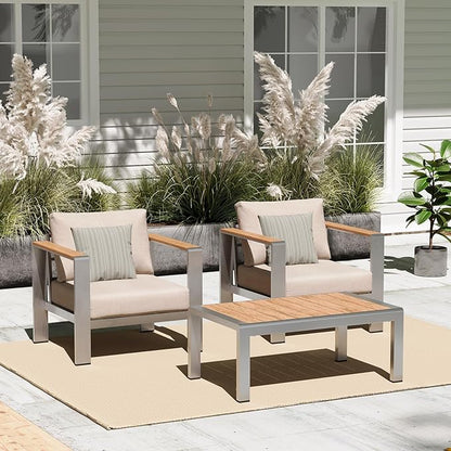 Oasbira Aluminum Outdoor Sofa Bistro Set, 3 Piece Outdoor Patio Furniture Set with Washable Thick Cushion, Patio Sectional Furniture Set for Porch, Balcony, Deck, Yard, Silver
