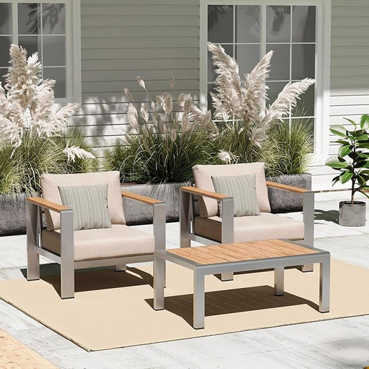 Oasbira Aluminum Outdoor Sofa Bistro Set, 3 Piece Outdoor Patio Furniture Set with Washable Thick Cushion, Patio Sectional Furniture Set for Porch, Balcony, Deck, Yard, Silver