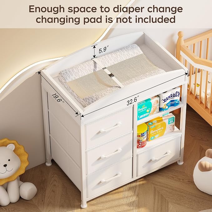 Homeiju Baby Changing Table with 4 Drawers and 2 Shelves - Baby Dresser with Changing Table Top Diaper Changing Station with Storage for Nursery Modern, White