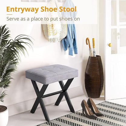 LUE BONA Vanity Stool - Square Linen Makeup Seat With Metal X Legs, Small Ottoman Chair for Makeup Room, Living Room, Bathroom - Modern Padded Foot Rest, Dark Gray