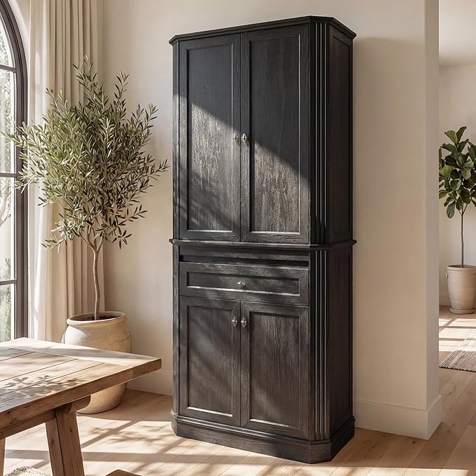 72.2" Tall Kitchen Pantry Cabinet with Doors, Farmhouse Storage Cabinet with Charging Station & LED Light, Drawer, Adjustable Shelves and Pull-Out Shelves, Black Wood Pantry Cupboard for Dining Room