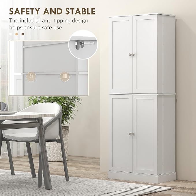 HOMCOM 65" Kitchen Pantry Storage Cabinet, Freestanding Kitchen Cabinet with 16 Door Shelves, Double Doors, 8-Tier Shelving and Adjustable Shelves, White