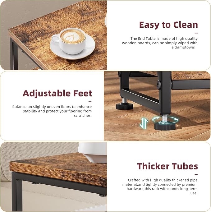 Simple Trending Side Table, End Table with 3 Tiers Open Shelves, Bedside Table for Sofa Couch, Nightstand, Living Room, Bedroom, Rustic Brown