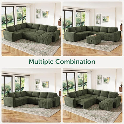 HONBAY Modular Sectional Sleeper Sofa with Pull Out Bed,Corduroy U Shaped Couch with Storage, Sectional Couches for Living Room,Green