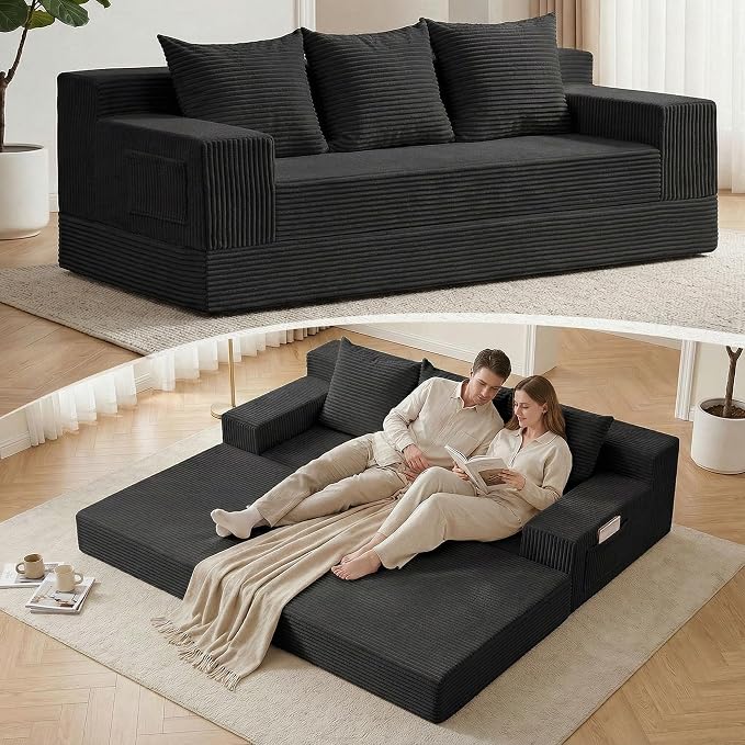 78.5” Convertible Sofa Bed,Corduroy 3 Seater Boneless Couch Bed Futon,Fold Out Couch with 3 Pillows,Loveseat Sleeper with Pull Out Bed for Living Room, Guest,Bedroom,Black