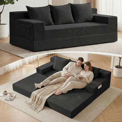 78.5” Convertible Sofa Bed,Corduroy 3 Seater Boneless Couch Bed Futon,Fold Out Couch with 3 Pillows,Loveseat Sleeper with Pull Out Bed for Living Room, Guest,Bedroom,Black