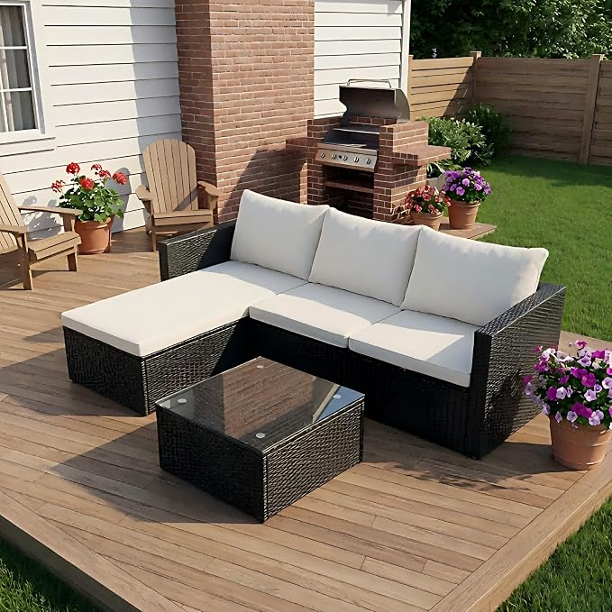 Shintenchi 4 Pieces Patio Furniture Set, 2-in-1 Convertible Sectional Sofa & Chaise Lounge, All-Weather Wicker Rattan Sofa Couch with Cushions & Coffee Table for Yard, Garden, Porch, Poolside (Beige)