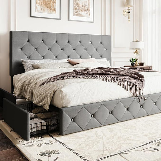 SHA CERLIN Upholstered King Size Platform Bed Frame with 4 Storage Drawers, Adjustable Headboard with Diamond Stitched Button Tufted Design, Wooden Slat Support, No Box Spring Needed, Light Grey
