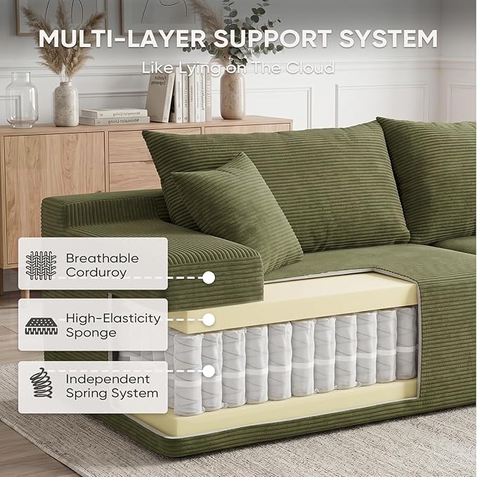 Boneless Couch, 102.4" Sectional Couches for Living Room with L Shape Sofa | Cloud Couch Sectional with Chaise, Modular Cloud Sofa with Deep Seat, No Assembly, Green, Corduroy, Right Chaise