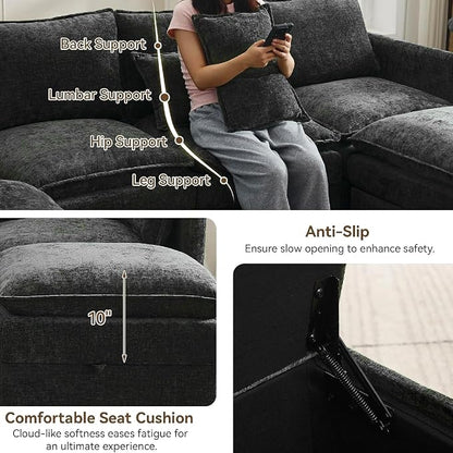 105" Black Modular Storage Sofa, U Shaped Chenille Couch with 2 Ottomans | Oversized Convertible Sectional Sofa, 6-Seat Sectional Couch With 2 Ottomans, Large Cloud Couch For Living Room, Apartment.