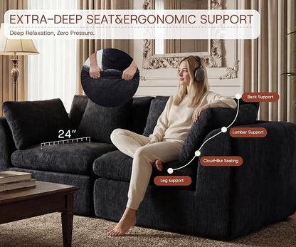 GRUSIGN 141'' Oversized Boneless Cloud Couch for Living Room, Modern Big Sectional Compressed U Shape Couch with 2 Ottoman, Comfy Chenille Deep Seat Memory Foam Spineless 6 Seater Sofa,Black
