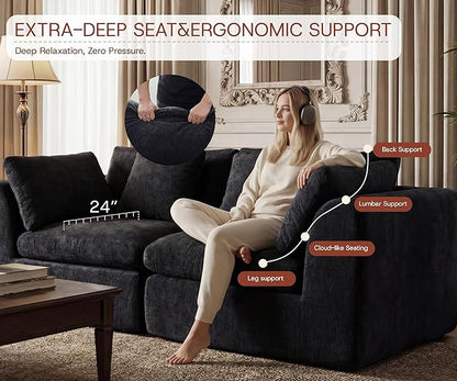 GRUSIGN 79'' Oversized Boneless Cloud Loveseat for Living Room, Modern Big Sectional Compressed 2 Seater Couch with 2 Throw Pillows, Comfy Chenille Deep Seat Foam Spineless 2 Person Couch, Black