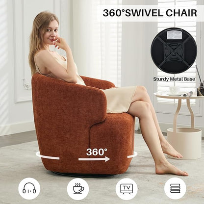 SOFTHION Swivel Accent Chair, Chenille Barrel Chair for Living Room, Cozy Round Boucle Arm Chair, Metal Base for Club Nursery Bedroom, Orange