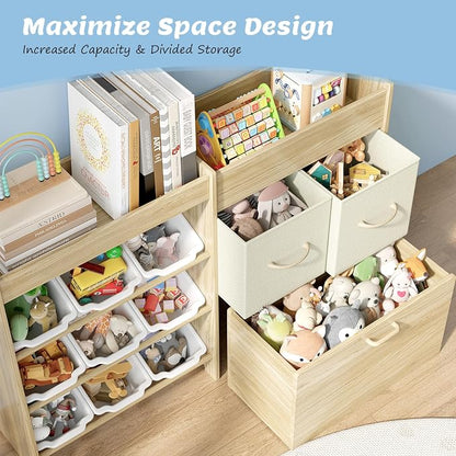 EXPERLAM Toy Storage Organizer for Kids, 9-Bin Toy Organizer with 2-Drawers, Movable Toy Chest and Top Rack, Multifunctional Kids Bookshelf and Toy Storage for Playroom, Bedroom, Nursery, White