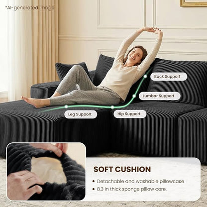 kinmars 108" Boneless Sectional Couch,Corduroy Cloud Couch Sectional for Living Room,Modern U Shaped Modular Sectional Couch,3 Seater Sofa (Black, 108.9" U Shaped with Ottoman)